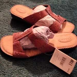 Dr. Scholl's Tan and Brown Boho Style Contrast Stitching Slide Sandals NWT